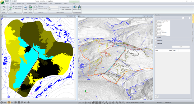 Figure 20 – Polygons created to represent aspect (yellow to Black) and slopes less than 7%(cyan)..png